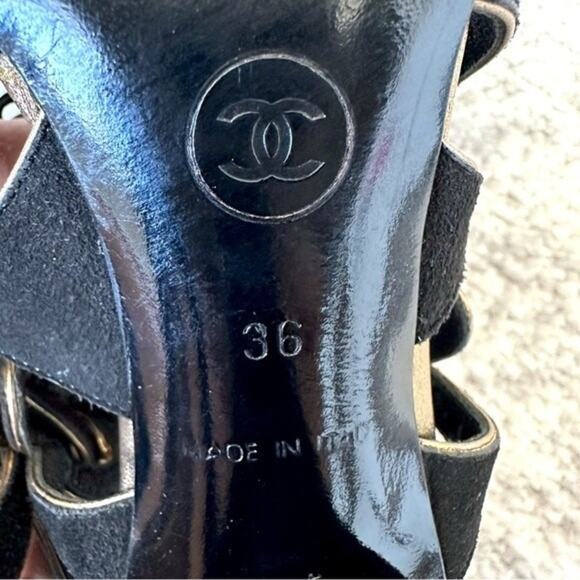 CHANEL Black Suede Tassel Lace Open Toe Heel Sandal IT 36 - Picture 6 of 14